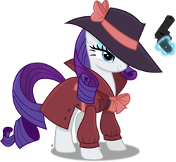 Size: 3087x2837 | Tagged: safe, artist:anime-equestria, rarity, pony, unicorn, g4, belt, bow, clothes, coat, costume, detective, detective rarity, eyeshadow, female, gun, handgun, hat, high res, levitation, magic, makeup, noir, outfit, revolver, shadow spade, simple background, smiling, solo, telekinesis, transparent background, vector, weapon
