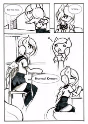 Size: 2480x3508 | Tagged: safe, artist:mashiromiku, fluttershy, anthro, comic:exhibitionism comic, g4, arm hooves, clothes, comic, desk, engrish, high res, marker drawing, school uniform, schoolgirl, singing, socks, stockings, thigh highs, traditional art