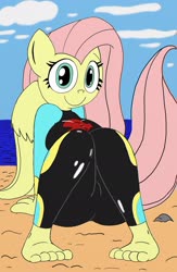 Size: 1336x2048 | Tagged: safe, artist:tenebrousmelancholy, fluttershy, pegasus, anthro, plantigrade anthro, g4, adorasexy, barefoot, beach, breasts, busty fluttershy, clothes, cute, equestria girls outfit, feet, female, looking at you, pose, sand, sexy, shyabetes, sitting, solo, wetsuit
