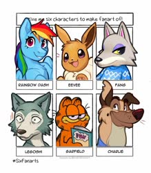 Size: 1080x1233 | Tagged: safe, artist:zymaani, rainbow dash, cat, dog, eevee, german shepherd, pegasus, pony, wolf, anthro, g4, :d, all dogs go to heaven, animal crossing, anthro with ponies, beastars, bedroom eyes, book, border collie, bust, charlie barkin, clothes, crossover, don bluth, fang (animal crossing), female, garfield, grin, legosi (beastars), makeup, male, mare, mixed breed, out of frame, pokémon, shollie, six fanarts, smiling, wide eyes