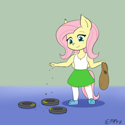 Size: 1000x1000 | Tagged: safe, artist:empyu, fluttershy, pegasus, anthro, equestria girls, g4, 30 minute art challenge, clothes, cute, feeding, female, mare, roomba, roombashy, shoes, skirt, smiling, socks, solo, story in the comments, tank top