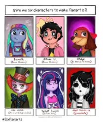 Size: 602x720 | Tagged: safe, artist:thejessika2020, twilight sparkle, dachshund, dog, gem (race), human, hybrid, equestria girls, g4, spoiler:steven universe, alice in wonderland, all dogs go to heaven, backwards ballcap, baseball cap, bismuth, bismuth (steven universe), black sclera, cap, clothes, crossover, don bluth, female, gem, hat, itchy itchiford, jane the killer, johnny depp, mad hatter, male, six fanarts, speedpaint available, spoilers for another series, steven quartz universe, steven universe, steven universe future, tara strong, top hat