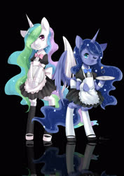 Size: 2480x3507 | Tagged: safe, artist:courtnolu, princess celestia, princess luna, alicorn, pony, g4, apron, bipedal, black background, clothes, cuffs (clothes), cute, dress, drink, duo, female, glass, high res, looking at you, maid, mare, one eye closed, royal sisters, simple background, socks, tray, wine glass, wink