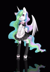 Size: 2480x3507 | Tagged: safe, artist:courtnolu, princess celestia, alicorn, pony, g4, apron, bipedal, black background, clothes, cuffs (clothes), cute, cutelestia, dress, female, high res, looking at you, maid, mare, pixiv, simple background, socks, solo, tray