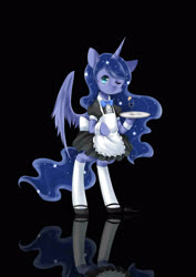 Size: 2480x3507 | Tagged: safe, artist:courtnolu, princess luna, alicorn, pony, g4, apron, bipedal, black background, clothes, cuffs (clothes), cute, dress, drink, female, glass, high res, looking at you, lunabetes, maid, mare, one eye closed, pixiv, simple background, socks, solo, tray, wine glass, wink