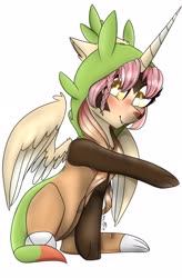 Size: 1812x2756 | Tagged: safe, artist:scribs, oc, oc only, alicorn, chespin, pony, aafe, big eyes, chespin onesie, crossover, cute, digital, ear fluff, onesie, pokémon, sitting, solo, wing fluff