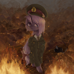 Size: 2000x2000 | Tagged: safe, artist:wopphank, oc, oc:amelie ross, pony, unicorn, clothes, female, fire, high res, mare, no source available, pink hair, purple, uniform, world war ii