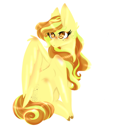 Size: 2500x2756 | Tagged: safe, artist:scribs, oc, oc only, pegasus, pony, big ears, big eyes, blushing, butt freckles, curly hair, curly mane, ear fluff, female, freckles, full body, high res, lineless, mane highlights, mare, pointy legs, shiny eyes, simple background, sitting, solo, white background, wing fluff, wings