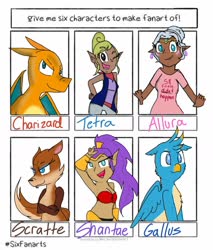 Size: 1080x1266 | Tagged: safe, artist:princessmuffinart, gallus, charizard, flying squirrel, fox, genie, griffon, human, squirrel, anthro, g4, armpits, blue eyeshadow, blushing, clothes, crossed arms, crossover, ear piercing, earring, eyeshadow, female, ice age, ice age 3: dawn of the dinosaurs, jewelry, makeup, male, one eye closed, peace sign, piercing, pokémon, princess allura, saber-toothed flying squirrel, saber-toothed squirrel, scratte, shantae, shantae (character), six fanarts, tetra, the legend of zelda: the wind waker, voltron, voltron legendary defender, wings, wink