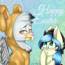 Size: 2500x2500 | Tagged: safe, artist:scribs, oc, oc:bookie, oc:gunny, earth pony, griffon, pony, fallout equestria, animal costume, beak, big ears, big eyes, blushing, bunny costume, chest feathers, clothes, costume, digital, ear fluff, easter, easter egg, egg, embarrassed, feather, freckles, green eyes, gunkie, hat, head feathers, high res, holiday, paint, ribbon, snicker, the pitt, yellow eyes