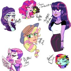 Size: 768x768 | Tagged: safe, artist:rei3litch, applejack, cheese sandwich, fluttershy, pinkie pie, rainbow dash, rarity, twilight sparkle, equestria girls, g4, alternate hairstyle, bust, clothes, eyelashes, hat, makeup, mane six, one eye closed, ponied up, simple background, text, tomboy taming, white background, wings, wink