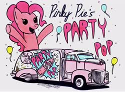 Size: 3496x2560 | Tagged: safe, artist:sketchywolf-13, pinkie pie, earth pony, pony, g4, balloon, cutie mark, female, high res, mare, soda, solo, text, traditional art, truck, vehicle