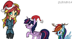 Size: 1720x910 | Tagged: safe, artist:great-5, rainbow dash, sunset shimmer, twilight sparkle, alicorn, equestria girls, g4, 2016, christmas, christmas 2016, hat, holiday, reindeer dash, rudolph dash, santa hat, twilight sparkle (alicorn)