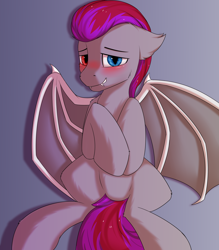 Size: 3500x4000 | Tagged: safe, artist:snowstormbat, oc, oc only, bat pony, pony, blushing, heterochromia, looking at you, male, presenting, solo, stallion