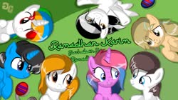 Size: 1206x674 | Tagged: safe, artist:grithcourage, artist:poncutes, artist:rezatim, oc, oc only, oc:grith courage, oc:poncutes, oc:stripe shields, earth pony, pegasus, pony, unicorn, adorable face, collaboration, cute, female, friendship, headset, islam, male, ramadhan, watermark