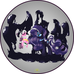 Size: 1280x1280 | Tagged: safe, artist:lakword, nightmare rarity, oc, oc:léa, goo, g4, hanging, latex, pair, shiny, size difference, standing