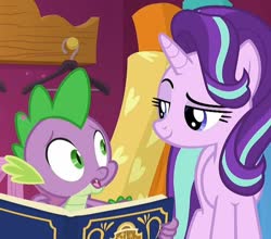 Size: 818x720 | Tagged: safe, edit, edited screencap, screencap, spike, starlight glimmer, dragon, a-dressing memories, g4, my little pony: friendship is forever, book, cropped, lidded eyes, smiling, smug, winged spike, wings
