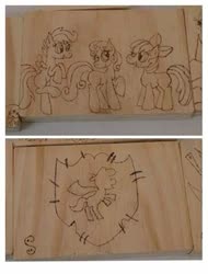 Size: 365x480 | Tagged: safe, artist:dawn-designs-art, artist:sapphire-burns-art, apple bloom, scootaloo, sweetie belle, earth pony, pegasus, pony, unicorn, g4, cutie mark crusaders, photo, pyrography, traditional art, wood