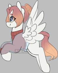 Size: 572x718 | Tagged: safe, artist:liefsong, oc, oc:sunset note, pegasus, pony, clothes, flying, gradient mane, hair bun, jacket, patreon, sweater