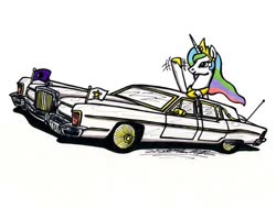 Size: 900x680 | Tagged: safe, artist:sketchywolf-13, princess celestia, alicorn, pony, g4, car, crown, female, flag, horn, jewelry, limousine, lincoln (car), lincoln continental, mare, regalia, simple background, solo, traditional art, waving, white background