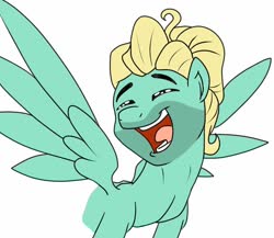 Size: 928x804 | Tagged: safe, artist:bennimarru, zephyr breeze, pony, g4, colored, eyes closed, flat colors, male, open mouth, simple background, smiling, solo, spread wings, white background, wings