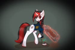 Size: 1861x1253 | Tagged: safe, artist:astaroth, artist:s.l.guinefort, oc, oc only, oc:blackjack, pony, unicorn, fallout equestria, fallout equestria: project horizons, clothes, energy weapon, fanfic, fanfic art, female, glowing horn, gun, hooves, horn, jumpsuit, laser rifle, levitation, magic, magical energy weapon, mare, pipbuck, solo, telekinesis, vault security armor, vault suit, weapon