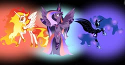 Size: 1024x532 | Tagged: safe, artist:velveagicsentryyt, daybreaker, nightmare moon, twilight sparkle, pony, equestria girls, g4, base used, deviantart watermark, midnight sparkle, nightmare twilight, nightmarified, obtrusive watermark, ponified, watermark