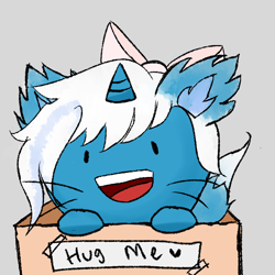 Size: 2000x2000 | Tagged: safe, artist:dnyo3430, oc, oc only, oc:fleurbelle, alicorn, pony, alicorn oc, behaving like a cat, bow, box, ear fluff, female, hair bow, high res, horn, hug request, if i fits i sits, mare, simple background, solo, whiskers, wings
