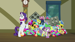 Size: 1920x1080 | Tagged: safe, screencap, gabby, rarity, spike, dragon, pony, unicorn, dragon dropped, g4, comic book, female, food, gem, ice cream, mare, post office, winged spike, wings