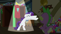 Size: 1920x1080 | Tagged: safe, screencap, rarity, spike, dragon, pony, unicorn, dragon dropped, g4, comic book, female, food, gem, ice cream, mare, post office, record player, winged spike, wings