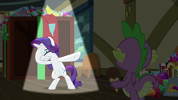 Size: 1920x1080 | Tagged: safe, screencap, rarity, spike, dragon, pony, unicorn, dragon dropped, g4, comic book, female, food, gem, ice cream, mare, post office, spotlight, winged spike, wings