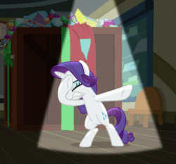 Size: 723x675 | Tagged: safe, edit, edited screencap, screencap, rarity, pony, dragon dropped, g4, animated, bipedal, cropped, dancing, female, gif, solo, spotlight