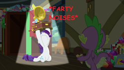 Size: 1280x720 | Tagged: safe, edit, edited screencap, screencap, rarity, spike, dragon dropped, g4, descriptive noise, duo, food, frown, ice cream, kneeling, movie reference, nose in the air, phonograph, say anything, spotlight