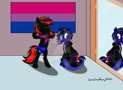 Size: 1024x744 | Tagged: safe, artist:sorasleafeon, oc, oc only, oc:airwave, oc:shadow sora, pony, unicorn, bedroom, bisexual pride flag, blushing, closet, clothes, duo, ear piercing, embarrassed, eyes closed, flexing, happiness, happy, hood, hoodie, horn, mirror, original character do not steal, piercing, pride, pride flag, reflection, scarf, sitting, smiling, speedo, standing up, swimming trunks, swimsuit, unicorn oc, victory, zipper