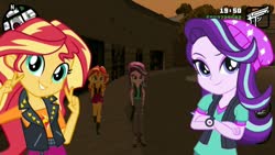 Size: 800x450 | Tagged: safe, starlight glimmer, sunset shimmer, equestria girls, equestria girls specials, g4, my little pony equestria girls: mirror magic, 3d, beanie, boots, bust, clothes, crossed arms, double peace sign, female, glock, grand theft auto, gta san andreas, gun, handgun, hands behind back, hat, jeans, leather, leather vest, pants, peace sign, pistol, pose, ripped jeans, ripped pants, shirt, shoes, short sleeves, skirt, standing, torn clothes, vest, walking, watch, weapon, wristwatch