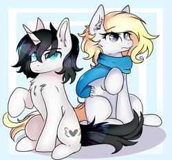 Size: 2197x2049 | Tagged: safe, artist:2pandita, oc, oc only, earth pony, pony, unicorn, clothes, female, high res, male, mare, raised hoof, scarf, sitting, stallion