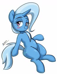 Size: 1000x1290 | Tagged: safe, artist:azamiii, trixie, pony, unicorn, g4, blushing, cute, diatrixes, female, lidded eyes, simple background, sitting, smiling, solo, white background