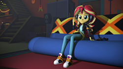 Size: 1920x1080 | Tagged: safe, artist:empireoftime, artist:razethebeast, sunset shimmer, equestria girls, g4, game stream, spoiler:eqg series (season 2), 3d, clothes, converse, couch, female, gamer sunset, headset, looking at you, pants, shoes, sitting, solo, source filmmaker