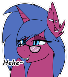 Size: 724x810 | Tagged: safe, artist:sevenserenity, oc, oc only, oc:sparky showers, alicorn, bat pony, bat pony alicorn, pony, bat wings, commission, ear fluff, emoji, fangs, giggling, glasses, horn, industrial, industrial piercing, laughing, patreon, patreon reward, patron reward, piercing, simple background, solo, text, transparent background, wings