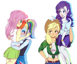 Size: 2300x1900 | Tagged: safe, artist:silbersternenlicht, applejack, fluttershy, rainbow dash, rarity, equestria girls, g4, carrying, commissioner:beanzoboy, competitive, cowboy hat, digital art, female, hat, lesbian, lipstick, ship:flutterdash, ship:rarijack, shipping, simple background, smiling, stetson, strong