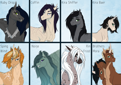 Size: 2000x1400 | Tagged: safe, artist:dementra369, oc, oc only, oc:andy & sam, oc:coffin, oc:kira baer, oc:kira shiffer, oc:noize, oc:rin frost, oc:ruby drop, oc:spring wind, earth pony, pegasus, pony, unicorn, brothers, conjoined, conjoined twins, female, looking at you, male, mare, multiple heads, siblings, stallion, two heads