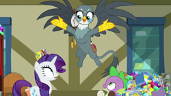 Size: 1920x1080 | Tagged: safe, screencap, gabby, rarity, spike, dragon, griffon, pony, unicorn, dragon dropped, g4, comic book, female, food, gem, ice cream, mare, post office, spread arms, spread wings, trio, winged spike, wings