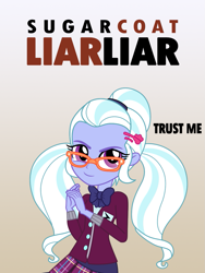 Size: 911x1214 | Tagged: safe, sugarcoat, equestria girls, g4, female, jim carrey, liar liar, looking at you, movie, movie poster, movie reference, solo