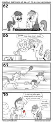 Size: 1320x3035 | Tagged: safe, artist:pony-berserker, part of a set, apple bloom, applejack, berry punch, berryshine, rainbow dash, trixie, oc, oc:berzie, changedling, changeling, earth pony, pony, unicorn, pony-berserker's twitter sketches, g4, apple, apples and apple accessories, broom, chase, comic, cup, eyes closed, food, glowing horn, halftone, hard hat, hay, hiding, horn, king of the hill, lineart, magic, monochrome, motion lines, mouth hold, music notes, open mouth, partial color, running, singing, speech bubble, stealing, tea, teacup, teapot, telekinesis, that pony sure does love apples, that pony sure does love teacups, thief