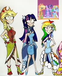 Size: 2406x2937 | Tagged: safe, artist:citi, screencap, applejack, rainbow dash, twilight sparkle, human, g4, suited for success, clothes, dress, gala dress, height difference, high res, humanized, scene interpretation, screencap reference, traditional art