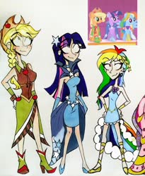 Size: 2406x2937 | Tagged: safe, artist:citi, applejack, rainbow dash, twilight sparkle, earth pony, human, pegasus, unicorn, g4, my little pony: friendship is magic, suited for success, clothes, dress, female, gala dress, height difference, high res, horn, humanized, mare, scene interpretation, screencap reference, traditional art, trio, trio female, unicorn twilight