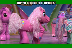 Size: 720x480 | Tagged: safe, minty, pinkie pie (g3), earth pony, pony, g3, my little pony live: the world's biggest tea party, butt, cutie mark, flank, invitation, joke, play, plot, pun, quadsuit, stage play
