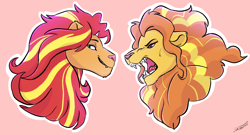 Size: 3530x1900 | Tagged: safe, artist:shimazun, adagio dazzle, sunset shimmer, big cat, lion, g4, bust, duo, female, lesbian, lioness, lionified, open mouth, pink background, portrait, ship:sunsagio, shipping, simple background, species swap
