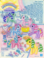 Size: 761x1001 | Tagged: safe, photographer:breyer600, caramel crunch, lemon treats, mint dreams, molasses, sugar apple, sugar sweet, g1, official, backcard, book, bow, bowl, candy, candy cane, candy cane pony, curtains, dough, food, mixing bowl, pitcher, rolling pin, story, tail bow, this will end in colic