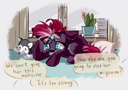 Size: 4093x2894 | Tagged: safe, artist:shore2020, fizzlepop berrytwist, pony, unicorn, broken horn, dialogue, female, filly, floppy ears, gritted teeth, high res, horn, in pain, indoors, lying down, magic, offscreen character, pain, plushie, prone, solo, sparking horn, speech bubble, teary eyes, younger